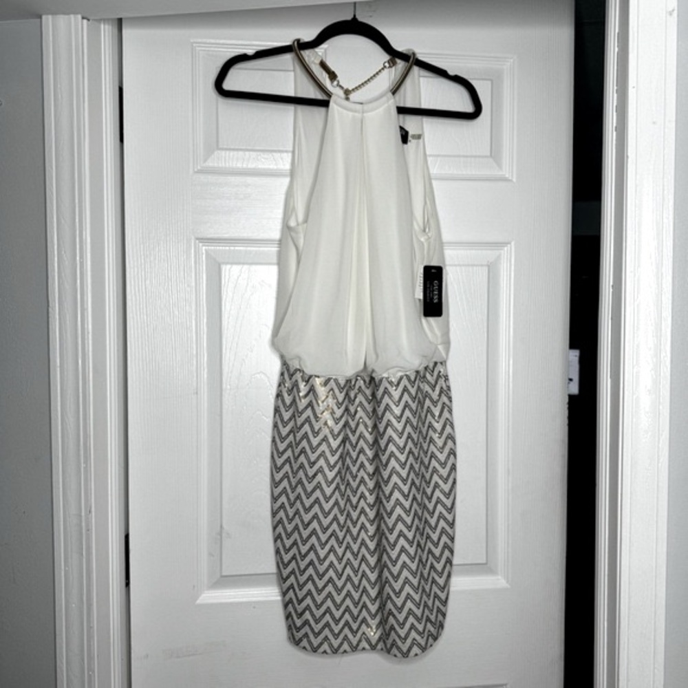 Guess Ivory & Gold Halter Chain Chevron Sequin Mini Dress NWT Size 8